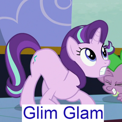 Size: 640x640 | Tagged: safe, edit, edited screencap, editor:watermelon changeling, screencap, spike, starlight glimmer, dragon, pony, unicorn, to where and back again, anatomically incorrect, expand dong, exploitable meme, eyes closed, great moments in animation, meme, solo focus