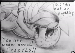 Size: 2040x1450 | Tagged: safe, artist:ponsce, derpibooru import, rainbow dash, pegasus, pony, abuse, arm behind back, arrested, bruised, cuffs, cute, dashabuse, handcuffed, monochrome, solo