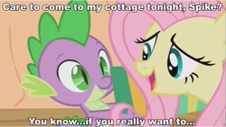 Size: 853x482 | Tagged: safe, fluttershy, spike, dragon, pegasus, pony, female, flutterspike, image macro, male, shipping, straight