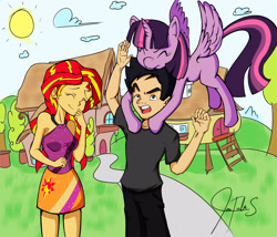 Size: 3500x3000 | Tagged: safe, artist:christula092, sunset shimmer, twilight sparkle, twilight sparkle (alicorn), oc, oc:christula, alicorn, human, date, humanized, humanized oc, laughing, self insert