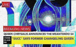 Size: 820x515 | Tagged: safe, edit, edited screencap, screencap, queen chrysalis, changeling, changeling queen, a canterlot wedding, breaking news, deep fried meme, deep fried news, exploitable meme, female, glowing eyes, glowing eyes meme, meme, nintendo 64, succ