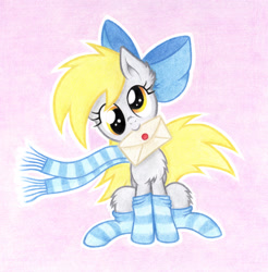 Size: 2000x2032 | Tagged: safe, artist:agamnentzar, derpy hooves, pegasus, pony, bow, chest fluff, clothes, cute, female, hnnng, letter, mail, mare, mouth hold, scarf, socks, solo, striped socks, traditional art