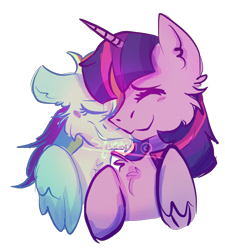 Size: 972x1082 | Tagged: safe, artist:squeeesh, derpibooru import, rainbow dash, twilight sparkle, twilight sparkle (alicorn), alicorn, pegasus, pony, :3, cheek fluff, chest fluff, ear fluff, eyes closed, female, folded wings, lesbian, mare, nuzzling, shipping, simple background, smiling, smirk, transparent background, twidash