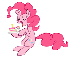 Size: 831x647 | Tagged: safe, artist:goodmode, pinkie pie, earth pony, pony, cake, eating, eyes closed, female, food, mare, simple background, sitting, solo, transparent background