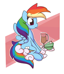 Size: 1700x1980 | Tagged: safe, artist:hedgehog-plant, derpibooru import, rainbow dash, pegasus, pony, abstract background, cake, cloud, cup, cute, dashabetes, female, food, mare, on a cloud, sitting, smiling, solo, spread wings, tongue out, wings