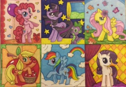 Size: 2511x1740 | Tagged: safe, artist:tabbyangelcake, derpibooru import, applejack, fluttershy, pinkie pie, rainbow dash, rarity, spike, twilight sparkle, dragon, earth pony, pegasus, pony, unicorn, mane seven, mane six, traditional art