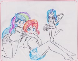 Size: 2576x2022 | Tagged: safe, artist:orochivanus, princess celestia, princess luna, principal celestia, sunset shimmer, vice principal luna, equestria girls, rainbow rocks, barefoot, blushing, clothes, feet, female, lesbian, shipping, shorts, sunsestia, t-shirt, traditional art