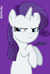 Size: 640x960 | Tagged: safe, rarity, pony, unicorn, female, gtfo, horn, iphone wallpaper, mare, solo, text