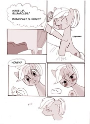 Size: 531x731 | Tagged: safe, applejack, earth pony, pony, alternate hairstyle, comic, english, monochrome, pixiv, translation