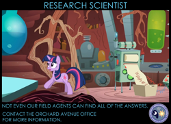 Size: 872x630 | Tagged: safe, derpibooru import, edit, edited screencap, screencap, twilight sparkle, unicorn twilight, pony, unicorn, feeling pinkie keen, canterlot intelligence agency, cia, female, laboratory, machinery, mare, poster, scientist, solo, twilight's lab