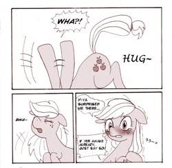 Size: 531x519 | Tagged: safe, applejack, earth pony, pony, alternate hairstyle, comic, english, japanese, loose hair, monochrome, pixiv, translation