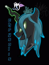 Size: 2100x2800 | Tagged: safe, artist:artdambaihaki, queen chrysalis, changeling, changeling queen, bust, glowing eyes, profile, simple background, solo, text