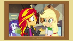 Size: 1280x719 | Tagged: safe, artist:doublewbrothers, edit, applejack, rarity, sunset shimmer, equestria girls, rainbow rocks, appleshimmer, female, friends, implied appleshimmer, implied shipping, lesbian, looking at each other, not lesbian, picture frame, shipping, telling lies