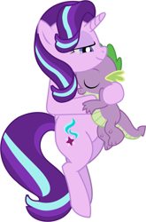 Size: 573x870 | Tagged: safe, artist:twifight-sparkill, spike, starlight glimmer, dragon, pony, unicorn, cuddling, male, shipping, simple background, snuggling, sparlight, straight, vector, white background