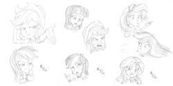 Size: 1280x640 | Tagged: safe, artist:mayorlight, applejack, rainbow dash, sunset shimmer, twilight sparkle, equestria girls, rainbow rocks, facial expressions, monochrome, pencil drawing, traditional art