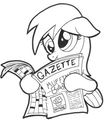 Size: 825x929 | Tagged: safe, artist:abronyaccount, derpy hooves, pegasus, pony, female, mare, muffin, newspaper, sad, scrunchy face