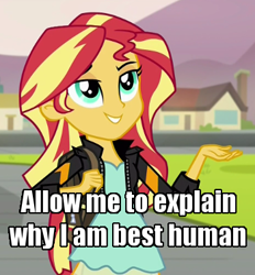 Size: 350x377 | Tagged: safe, screencap, sunset shimmer, equestria girls, friendship games, best human, blouse, clothes, cute, feminism, image macro, jacket, leather jacket, shimmerbetes, solo