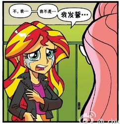 Size: 472x488 | Tagged: safe, idw, fluttershy, sunset shimmer, equestria girls, spoiler:comic, spoiler:comicholiday2014, chinese