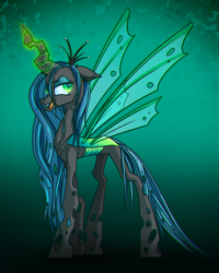 Size: 1280x1603 | Tagged: source needed, safe, artist:roaert, queen chrysalis, changeling, changeling queen, chromatic aberration, dark magic, female, glowing eyes, glowing horn, magic, solo, wallpaper