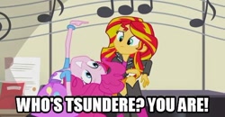 Size: 540x281 | Tagged: safe, screencap, pinkie pie, sunset shimmer, equestria girls, rainbow rocks, image macro, meme, tsundere, tsunset shimmer