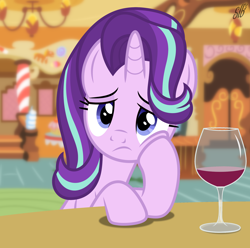 Size: 2640x2620 | Tagged: safe, artist:dashiesparkle, artist:slb94, starlight glimmer, pony, unicorn, alcohol, bored, confound these ponies, female, lonely, mare, show accurate, solo, tired, wine, wine glass