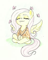 Size: 1071x1332 | Tagged: safe, artist:joelashimself, fluttershy, butterfly, pegasus, pony, buddhism, meditating, monk, solo