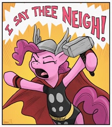 Size: 948x1078 | Tagged: safe, artist:claire lamouf, artist:pedantia, pinkie pie, earth pony, pony, crossover, marvel, solo, thor