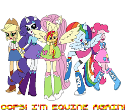 Size: 682x602 | Tagged: safe, artist:alipopsie, applejack, fluttershy, pinkie pie, rainbow dash, rarity, sunset shimmer, pony, equestria girls, fanfic art, holding a pony, humane five, ponied up