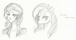 Size: 1113x582 | Tagged: safe, artist:moray-chan, sunset shimmer, human, pony, unicorn, monochrome, traditional art