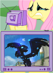 Size: 595x810 | Tagged: safe, fluttershy, pegasus, pony, crossover, exploitable meme, fluttercry, meme, skylanders, tv meme, vathek, wyvern