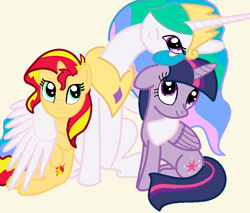 Size: 1005x858 | Tagged: safe, artist:kracatuluc, princess celestia, sunset shimmer, twilight sparkle, twilight sparkle (alicorn), alicorn, pony, unicorn, hug, winghug