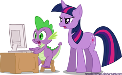 Size: 1000x616 | Tagged: safe, artist:arc-ecclesia, derpibooru import, spike, twilight sparkle, dragon, computer, twilight is not amused, unamused