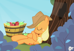 Size: 1600x1102 | Tagged: safe, artist:kas92, applejack, earth pony, pony, blonde mane, female, mare, orange coat, sleeping, solo