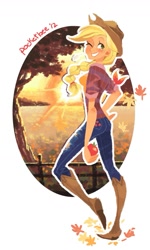 Size: 815x1359 | Tagged: safe, artist:pocketbee, applejack, apple, food, grin, humanized, skinny, solo