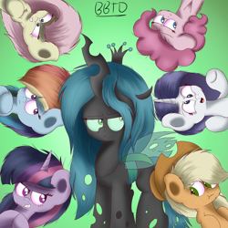 Size: 3000x3000 | Tagged: safe, artist:bronybehindthedoor, mean applejack, mean fluttershy, mean pinkie pie, mean rainbow dash, mean rarity, mean twilight sparkle, queen chrysalis, changeling, changeling queen, the mean 6, clone, clone six, evil rainbow dash