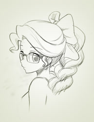 Size: 1168x1510 | Tagged: safe, artist:twilite-sparkleplz, sunset shimmer, equestria girls, alternate hairstyle, bow, glasses, hair bow, monochrome, solo, traditional art