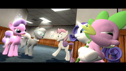 Size: 1920x1080 | Tagged: dead source, safe, artist:dakkiller, diamond tiara, rarity, silver spoon, spike, sweetie belle, dragon, pony, unicorn, 3d, bullying, gmod