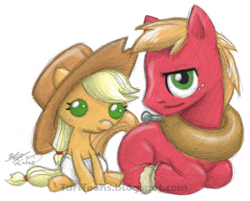 Size: 1000x802 | Tagged: safe, artist:taritoons, applejack, big macintosh, earth pony, pony, colt, diaper, filly, foal, male, ponyloaf, stallion, traditional art, younger