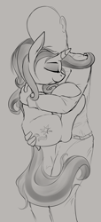 Size: 1456x3195 | Tagged: safe, artist:duop-qoub, starlight glimmer, oc, oc:anon, human, pony, eyes closed, holding a pony, hug, monochrome