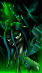 Size: 3200x5472 | Tagged: safe, artist:darksly, queen chrysalis, changeling, changeling queen, female, glowing horn, looking at you, solo, wallpaper