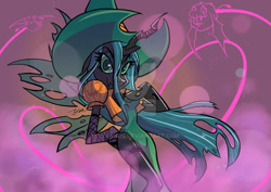 Size: 1024x724 | Tagged: safe, artist:yyhands, queen chrysalis, oc, oc:fluffle puff, anthro, bat, changeling, changeling queen, abstract background, arm hooves, clothes, dress, female, fishnet stockings, garter belt, halloween, hat, holiday, looking at you, obtrusive watermark, side slit, solo, watermark, witch, witch hat
