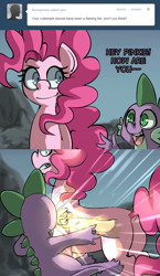 Size: 748x1294 | Tagged: safe, artist:uc77, pinkie pie, spike, dragon, earth pony, pony, cutie mark, female, fist, hotblooded pinkie pie, male, punch, tumblr