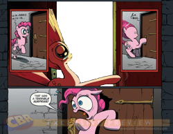 Size: 900x700 | Tagged: safe, idw, pinkie pie, surprise, earth pony, pony, exploitable, exploitable meme, female, mare, meme, meme template, scared, solo, speech, surprise door