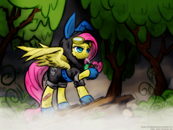 Size: 1200x900 | Tagged: safe, artist:kp-shadowsquirrel, artist:ossie7, fluttershy, pegasus, pony, bunny ears, clothes, dangerous mission outfit, everfree forest, female, goggles, hoodie, juice, juice box, mare, solo