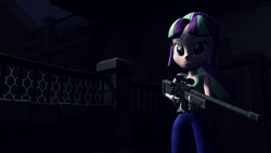 Size: 1920x1080 | Tagged: safe, artist:razethebeast, starlight glimmer, equestria girls, 3d, clothes, equestria girls-ified, female, gun, looking at you, optical sight, pants, rifle, sleeveless, sniper rifle, solo, source filmmaker, tanktop, weapon