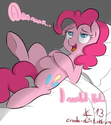 Size: 800x900 | Tagged: safe, artist:crade, pinkie pie, earth pony, pony, bed, dialogue, on back, solo