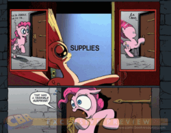 Size: 900x700 | Tagged: safe, idw, pinkie pie, earth pony, pony, animated, exploitable meme, meme, obligatory pony, pun, supplies, surprise door, uhf