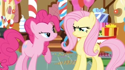 Size: 1920x1080 | Tagged: safe, screencap, fluttershy, pinkie pie, earth pony, pegasus, pony, griffon the brush off, angry, lidded eyes, out of context