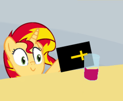 Size: 275x225 | Tagged: safe, sunset shimmer, pony, bible, smiling, wine