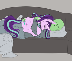 Size: 3452x2894 | Tagged: safe, artist:duop-qoub, starlight glimmer, oc, oc:anon, human, pony, unicorn, clothes, cuddling, cute, dock, eyes closed, female, human on pony snuggling, male, mare, on side, prone, sleeping, smiling, snuggling, sofa